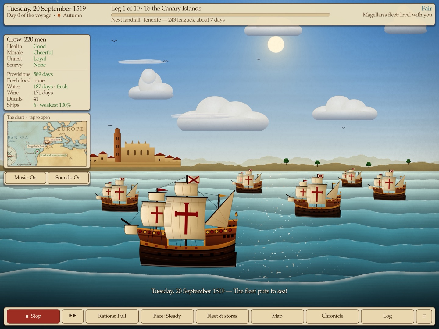 Magellan's fleet under sail, with the ship's stores and the chart beside it