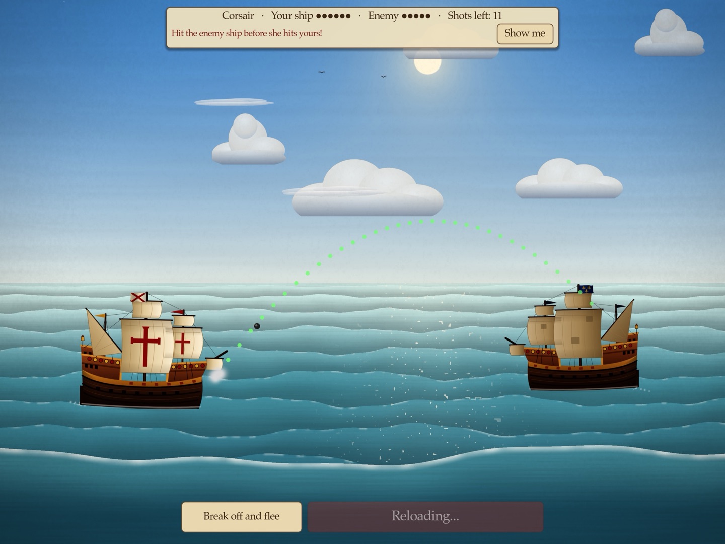 The cannon duel: the fleet's ship fires at a corsair across the waves, the shot's path drawn in green dots