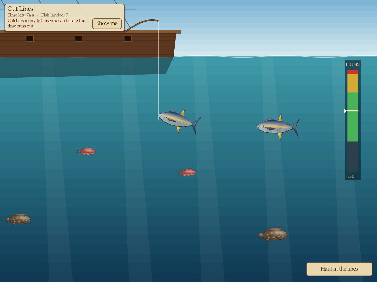 Fishing over the side: a line hangs from the ship among tuna and other fish, beside a gauge for a big fish