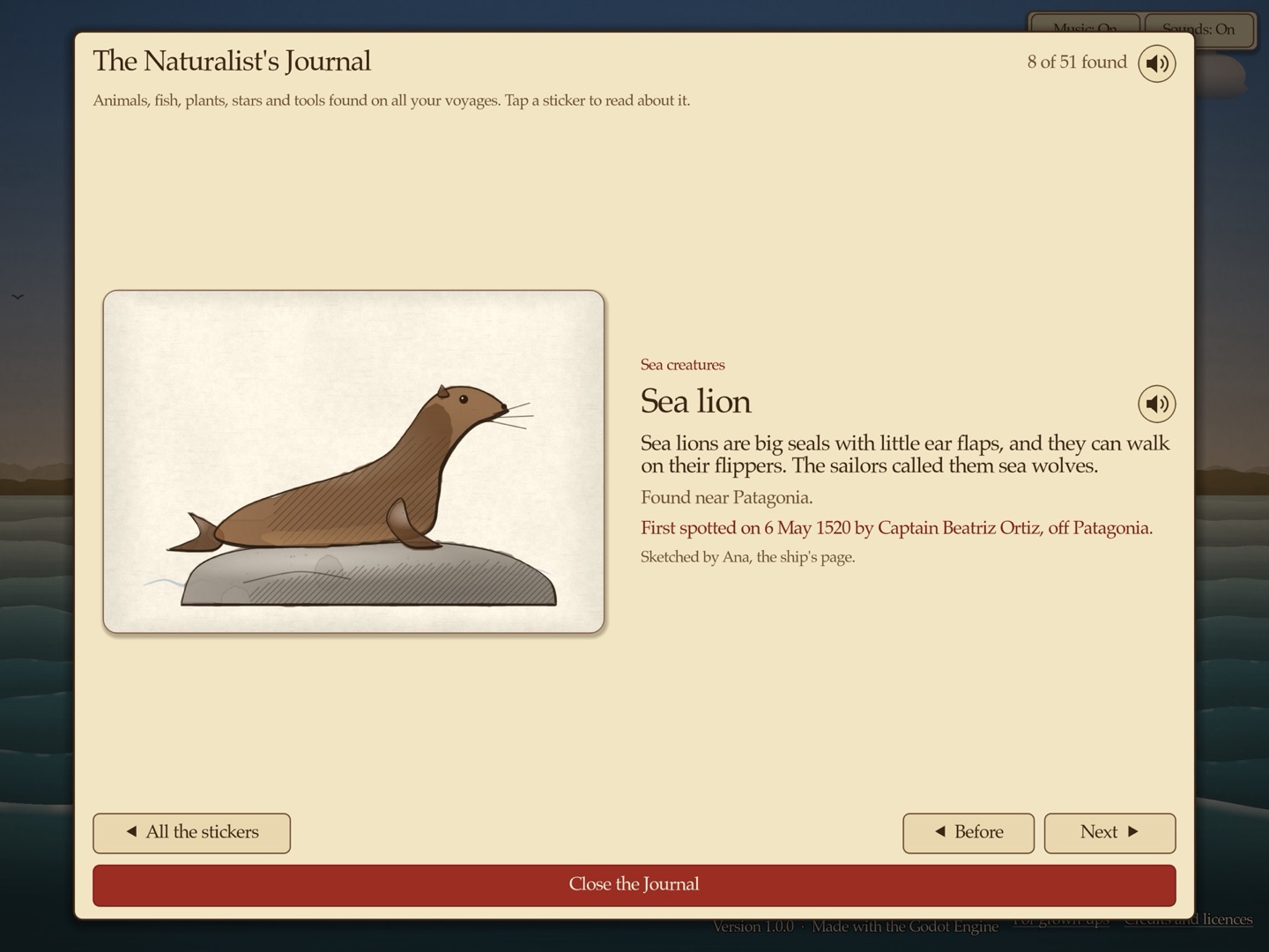 The Naturalist's Journal open at the sea lion, sketched by Ana, the ship's page