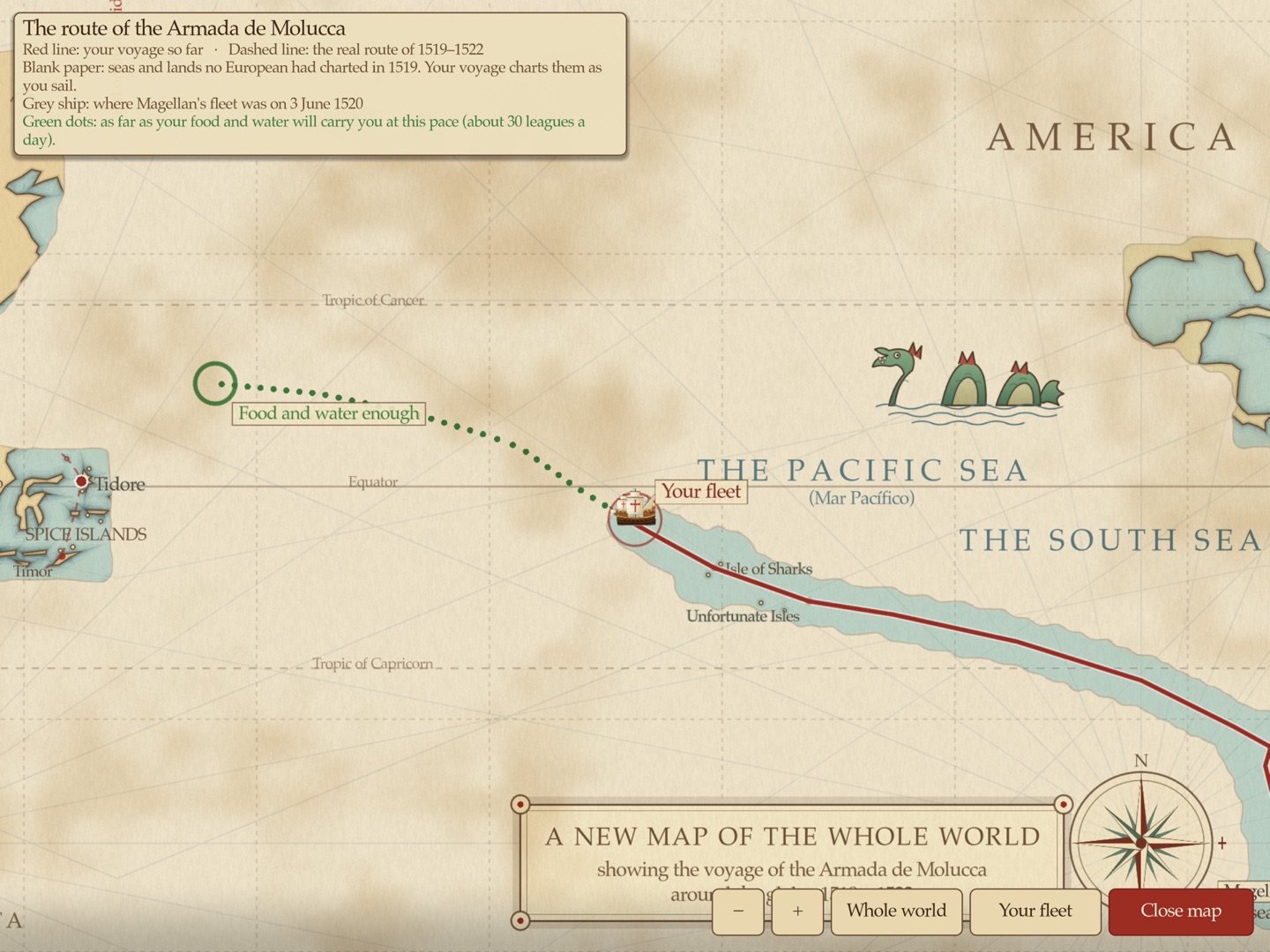 The chart of the Pacific: the fleet's route in red, the Spice Islands far to the west, and blank paper where no European had charted in 1519