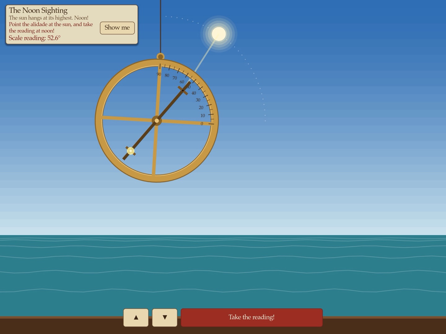 The noon sighting: an astrolabe held up to the sun over the sea