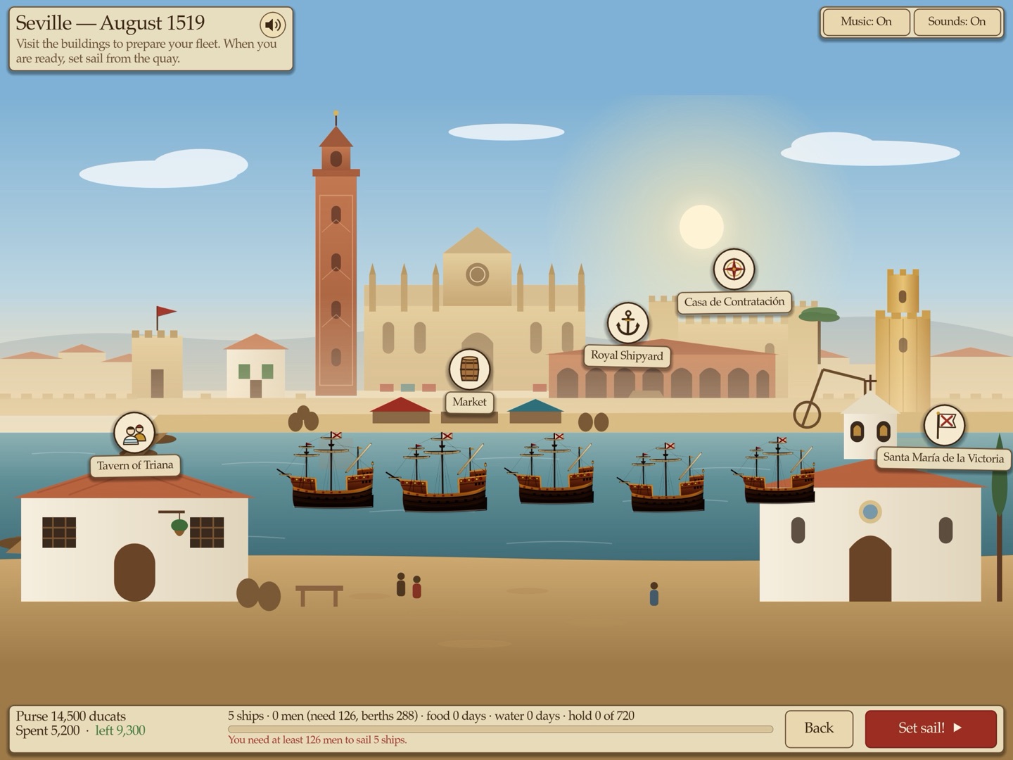 Seville in August 1519: the quay, the market, the Royal Shipyard, the Casa de Contratación, the Tavern of Triana and the church