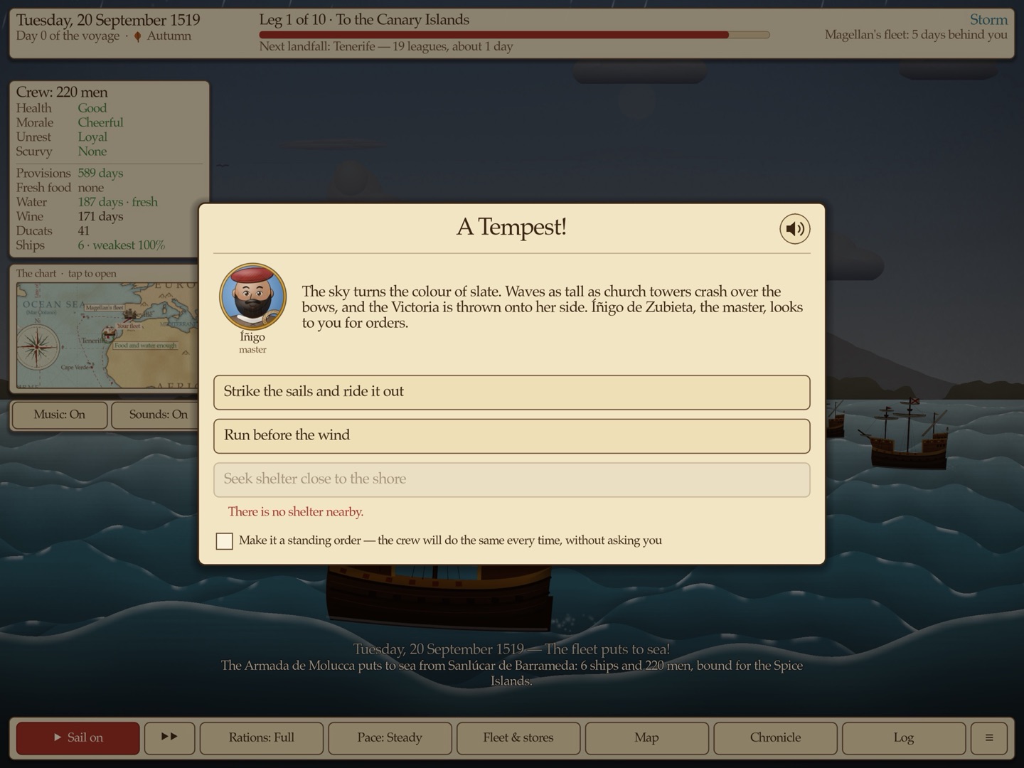 A tempest: Íñigo de Zubieta, the ship's master, asks for orders, with three choices to pick from