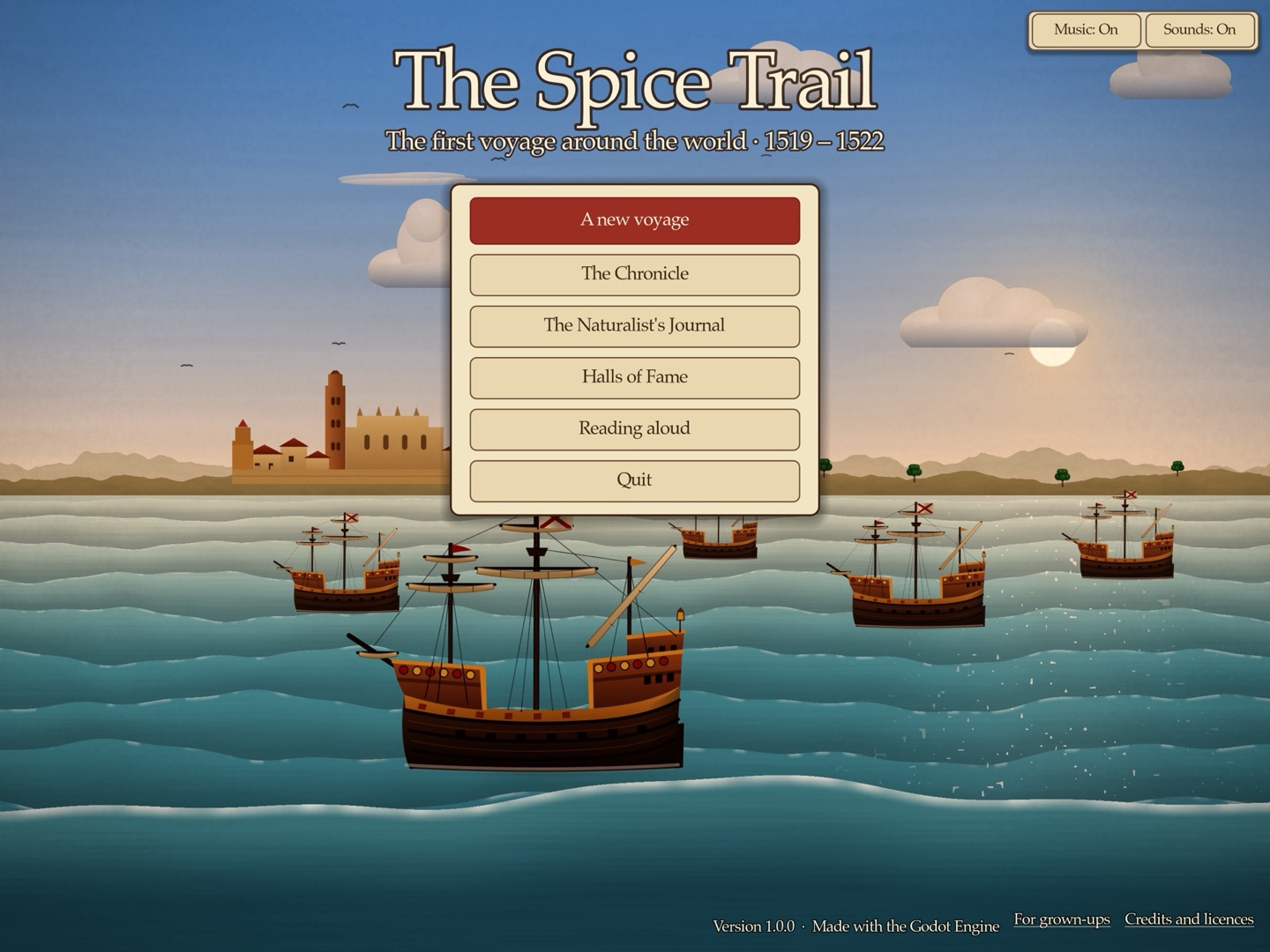 The title screen: the fleet at sea below the towers of Seville, beside the game's menu
